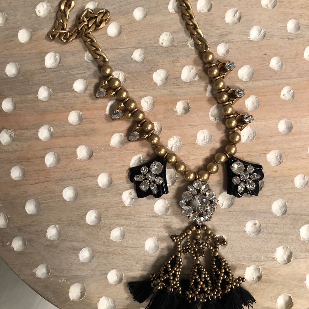 J.crew black and gold tassel rhinestone necklace